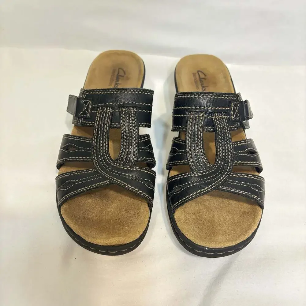 Clarks Bendables Black Leather Wedge Comfort Sandals Size 9